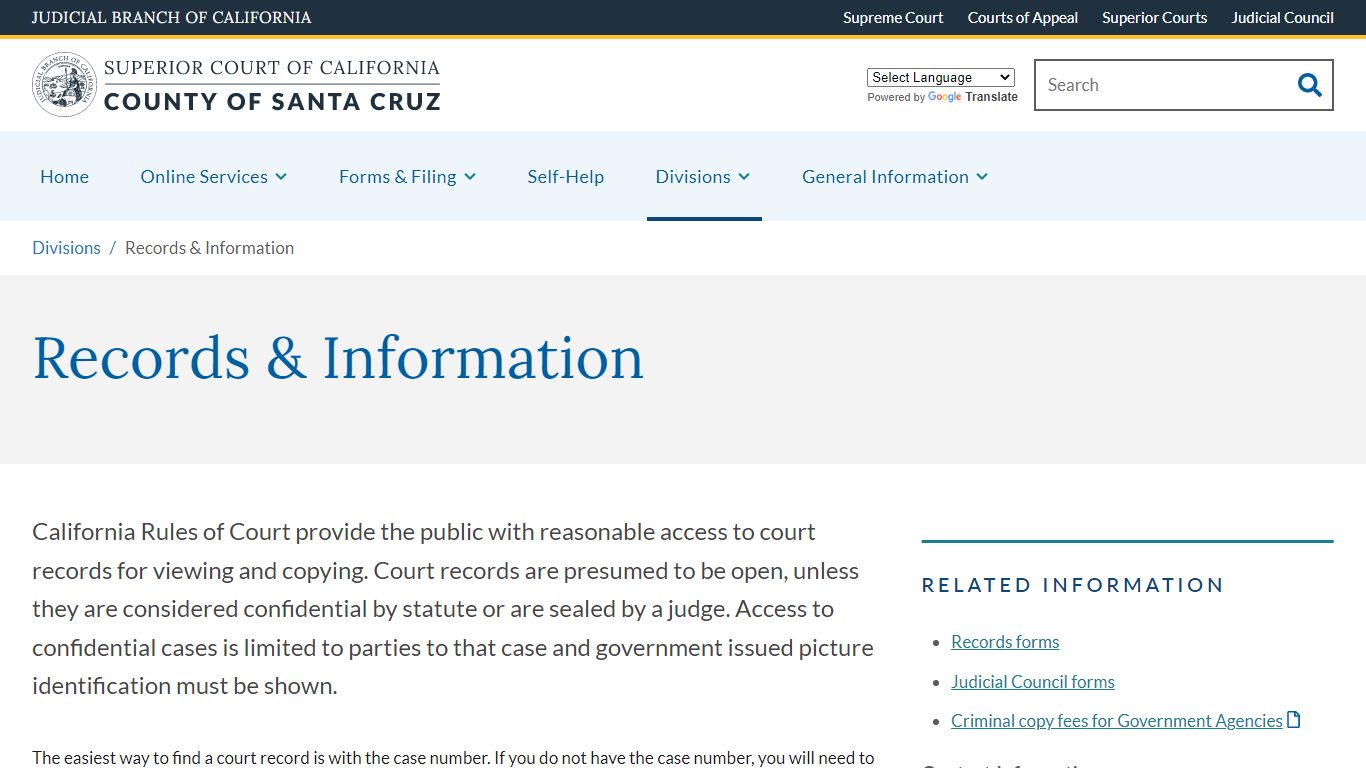 Records & Information | Superior Court of California | County of Santa Cruz